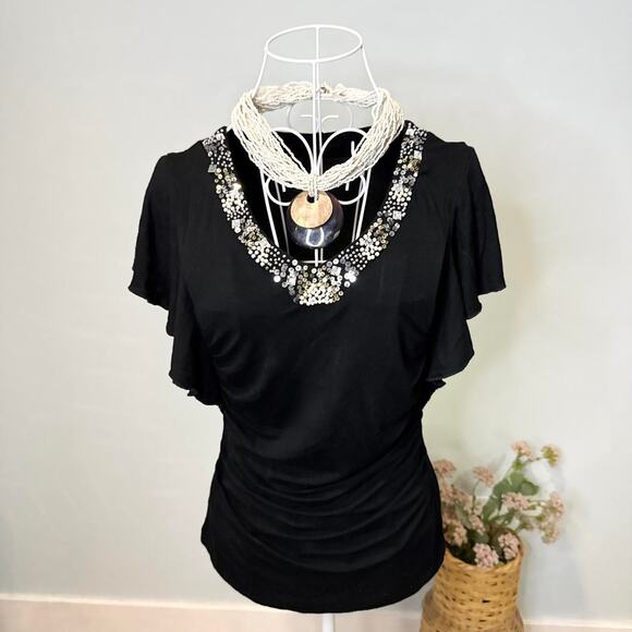 vintage y2k black sequin pearl beaded fitted babydoll plunging v neck - Picture 3 of 6